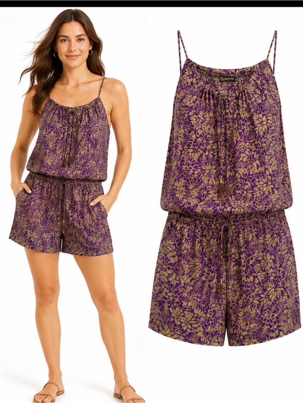 Lila Shyam 70% Silk Floral Romper Purple Boho Luxe Vacation Resort